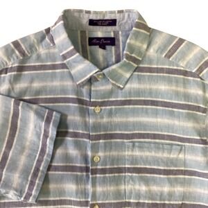 Alan Flusser Mens XL Blue Striped Linen Cotton Short Sleeve Button Down Shirt